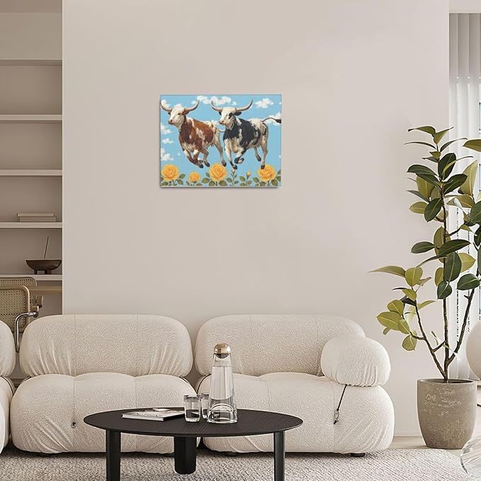 Longhorn Cow Wall Decor Funny Cow Canvas Wall Art Cute Cattle Pictures Painting Artwork Framed Decoration for Bedroom Bathroom Living Room Kitchen Dining Room Office 12"x16"