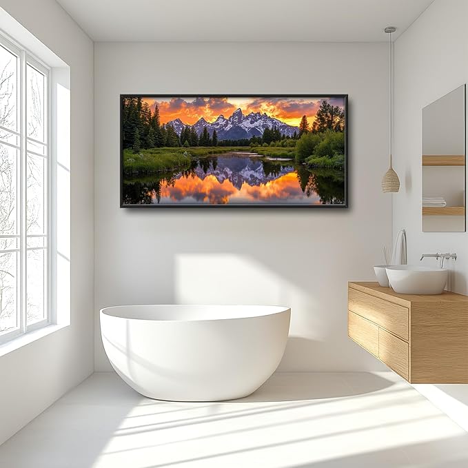 Large Mountain Lake Wall Art for Living Room, Forest Tree Canvas Wall Decor, Sunset Pictures Framed Painting, Natural Landscape Artwork for Bedroom Office 60L'' × 30W''