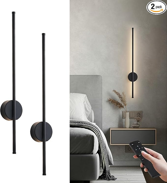 Battery Operated Modern Wall Sconces, Dimmable Wireless Wall Light Set of Two with Remote Control, 3 Color Temperatures, Rechargeable LED Wall Sconce for Bedroom, Living Room, Hallway, 27.6 Inch Black