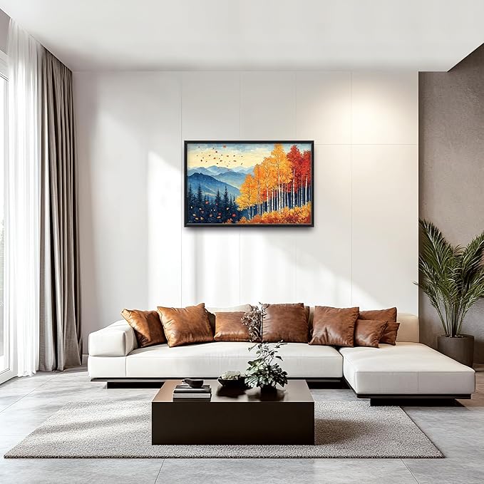 Fall Maple Leaf Large Wall Art Autumn Leaves Pictures Wall Decor Mountain Canvas Landscape Painting Modern Artwork Home Decoration for Living Room Bathroom Bedroom Office Framed 36"x24"