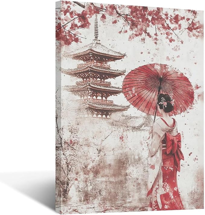 Japan Wall Art Japanese Geisha Wall Decor Cherry Blossoms Farmhouse Japan Pictures Canvas Painting Artwork Home Decorations for Living Room Bedroom Bathroom Office Classroom 16"x24"