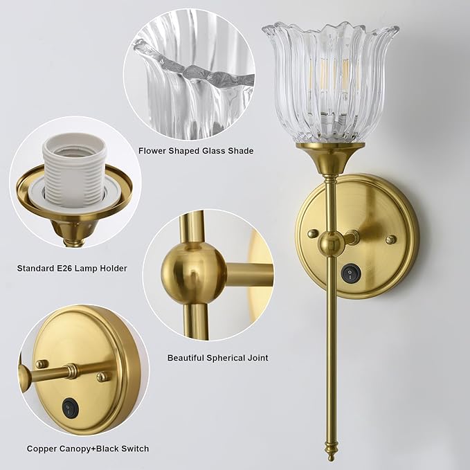 Modern Wall Sconces with Clear Flower Glass Shade 1 Pack, Mid Century Bathroom Vanity Wall Light Fixtures Gold Vintage Wall Lights with Switch for Mirror Bedroom Living Room