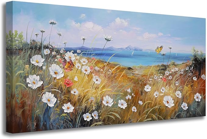Anolyfi Flower Canvas Wall Art Nature Floral Landscape Textured Painting, White Wildflowers Daisy Butterfly Picture Artwork Large Framed for Living Room Bedroom Bathroom Office Home Decor 40"x20"