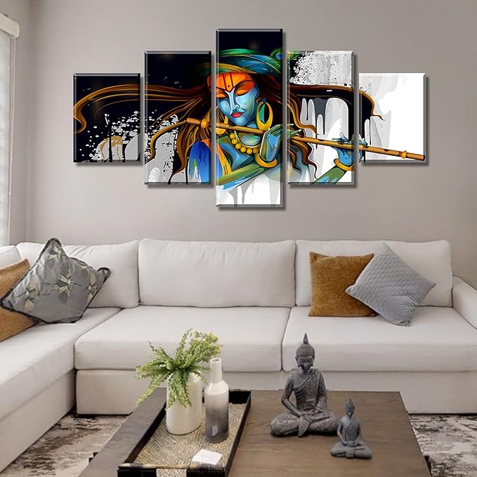 DJSYLIFE Large 5 Piece Hindu God Krishna Wall Decor Canvas Printed for Living Room Decorative Indian Painting Modern Home Decor Stretched and Framed Ready to Hang 60" Wx32 H