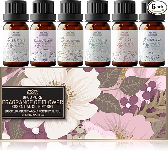 Floral Essential Oils Set Diffuser for Home, Hotel and Car Care, 6 Flavors Lavender, Jasmine, Rose, Chamomile, Sakura, Gardenia, Flower Fragrance Diffuser Essential Oil Gifts for Candle Making 10ML