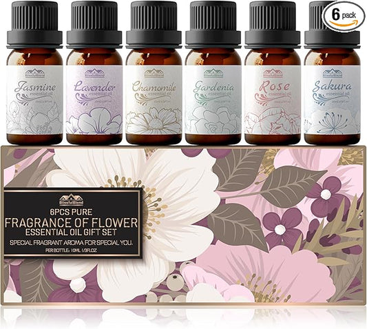 Floral Essential Oils Set Diffuser for Home, Hotel and Car Care, 6 Flavors Lavender, Jasmine, Rose, Chamomile, Sakura, Gardenia, Flower Fragrance Diffuser Essential Oil Gifts for Candle Making 10ML