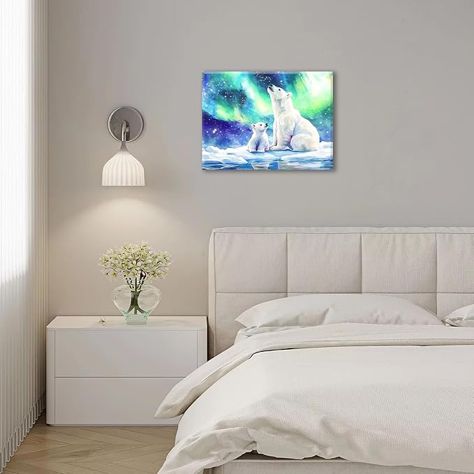 Olivine Polar Bear Wall Art, Northern Lights Pictures Wall Decor,Watercolor Polar Landscape Canvas Prints Paintings, Framed Artwork for Bathroom Bedroom Living Room Office Home Decoration 16"x12"