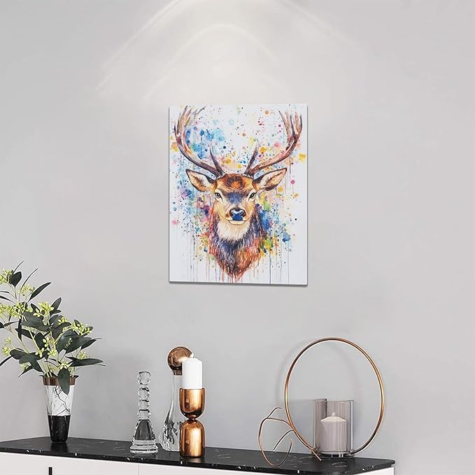 Fleruku Watercolor Deer Wall Art Colorful Elk Wall Decor Antlers Pictures Animal Canvas Painting Artwork Home Decorations for Living Room Bedroom Bathroom Office Nursery Classroom 12"x16"