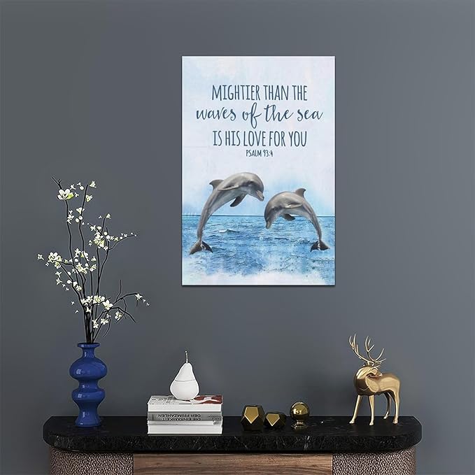 Dolphin Bathroom Decor Wall Art Ocean Coastal Wall Decor Scripture Canvas Bible Verse Prints Painting Framed Artwork for Bathroom living room Bedroom 16"x24"