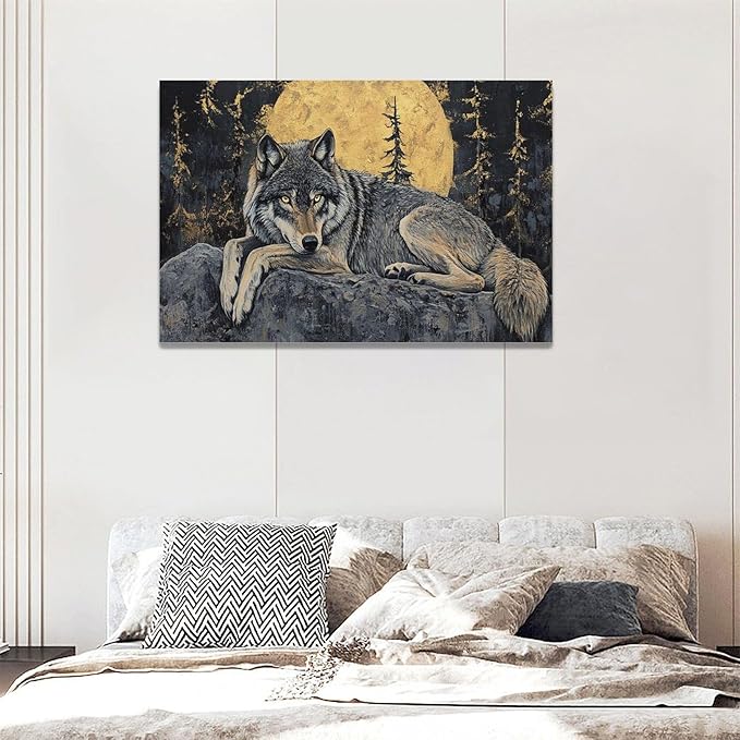 Wolf Large Wall Art Wolf Moon Pictures Wall Decor Wildlife Animal Canvas Painting Modern Artwork Home Decoration for Bathroom Office Living Room Bedroom Framed 60"x30"