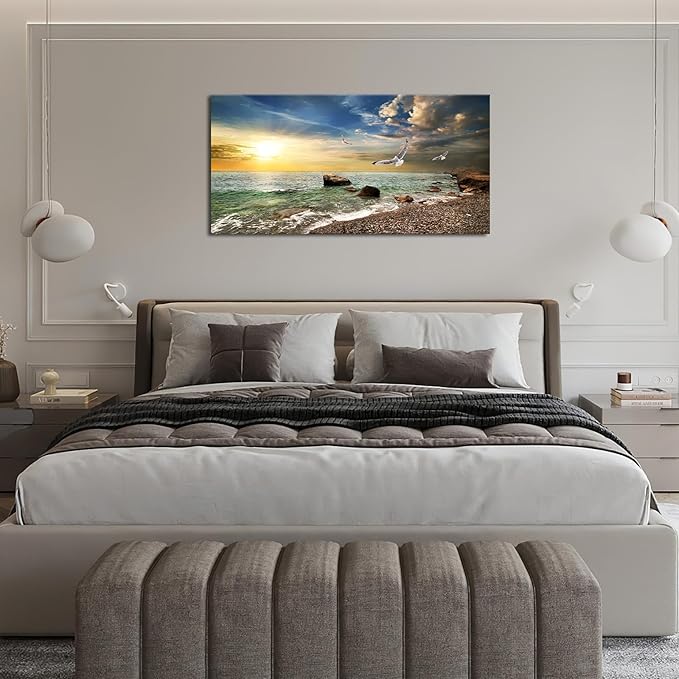 Coastal Beach Big Wall Art Ocean Picture Wall Decor Gold Sunlight Seagull Seascape Theme Large Canvas Print Modern Frame Artwork for Bedroom Bathroom Living Room Home Office 60"x30"