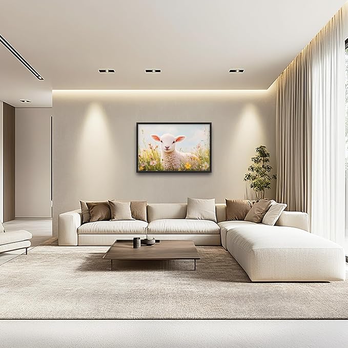 Kylora Lamb Wall Art Sheep Pictures Wall Decor Flower Field Prints Modern Artwork Christian Painting Home Office Decorations For Kitchen Bathroom Bedroom Dining Living Room 36"x24"