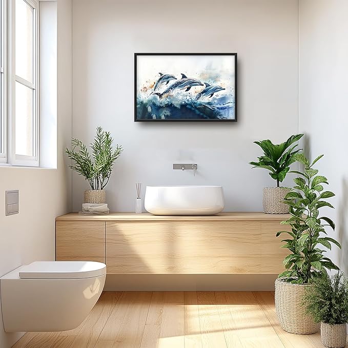 SweetFox Extra Large Watercolor Dolphin Framed Wall Art for Living Room,Ocean Dolphin Pictures Oversized Wall Decor Abstract Canvas Painting Print Artwork for Bathroom Master Bedroom 36L X 24W