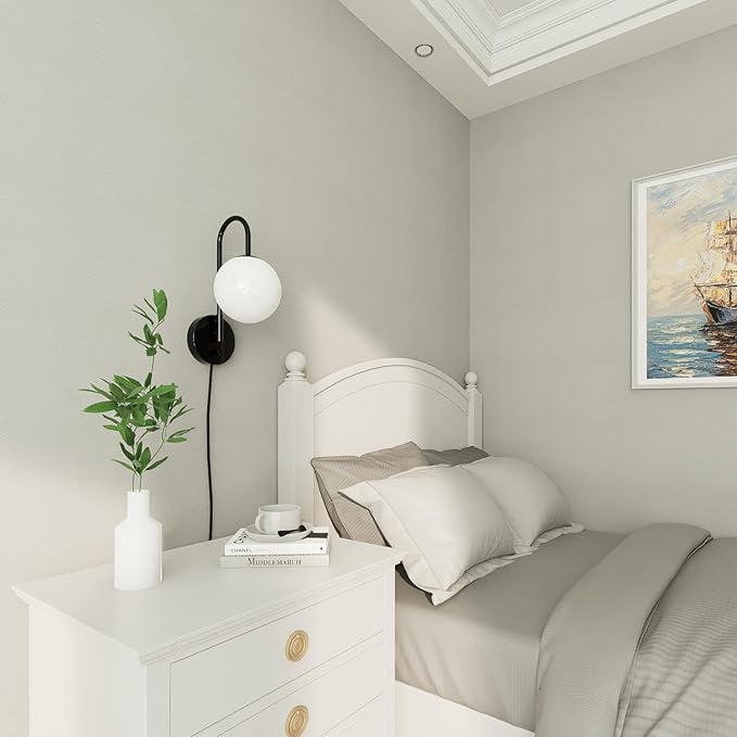 Plug in Wall Sconces Decor Set of Two, Modern Black Globe Wall Lamp, Stepless Dimmable Gooseneck Wall Light for Living Room Bedroom Hallway,Milky White Glass Shade, 2-Pack E12 Bulb, Optional Hardwired