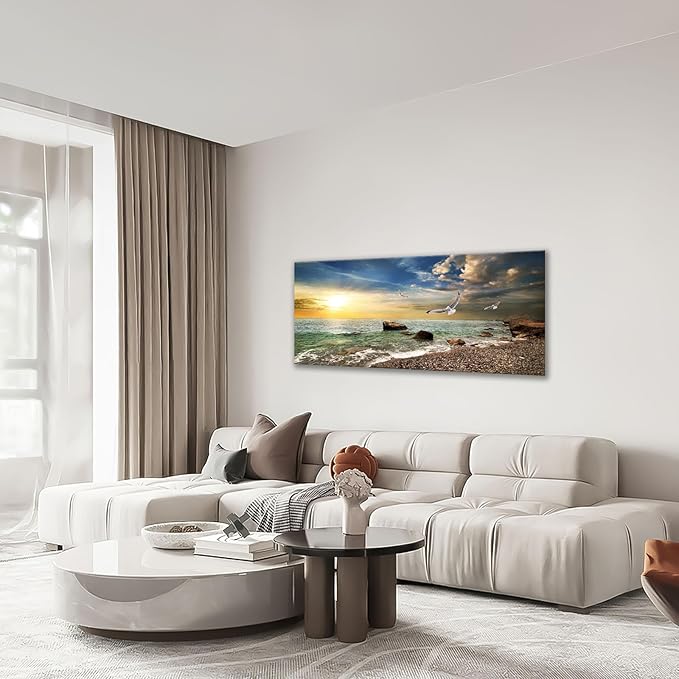 Coastal Beach Big Wall Art Ocean Picture Wall Decor Gold Sunlight Seagull Seascape Theme Large Canvas Print Modern Frame Artwork for Bedroom Bathroom Living Room Home Office 60"x30"