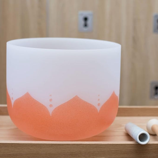 Leize Quartz Crystal Singing Bowl 432hz D Note Sacral Chakra Navel Chakra Orange Lotus Design 11" Wide with Suede Striker