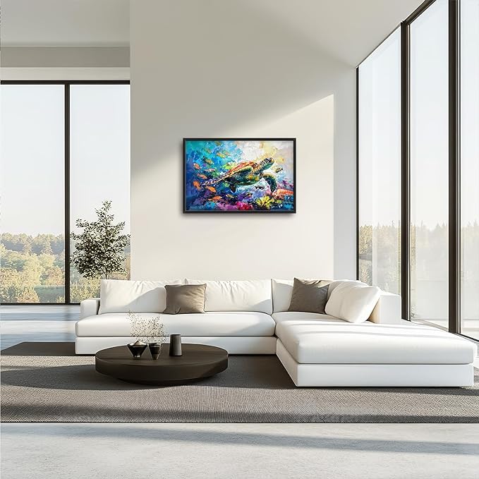 Large Sea turtle Framed Wall Art for Living Room Ocean Sea Turtle Pictures Canvas Coastal Beach Print Painting Artwork Nautical Home Decorations for Bathroom Bedroom Office 36x24 inch
