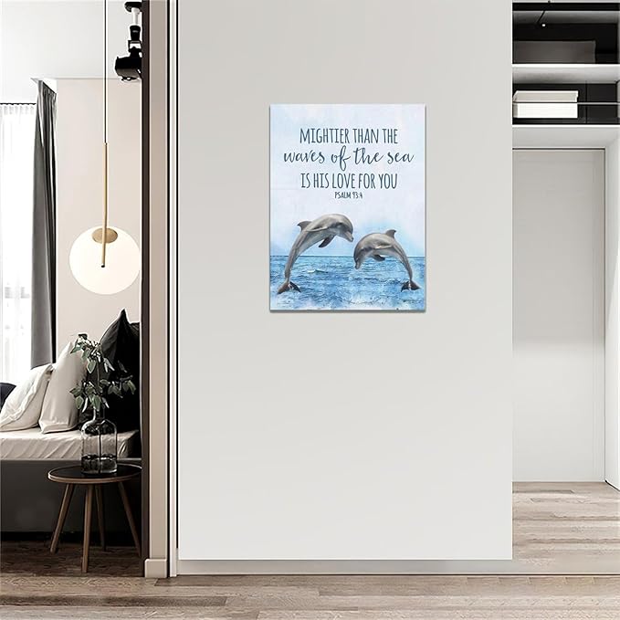 Dolphin Bathroom Decor Wall Art Ocean Coastal Wall Decor Scripture Canvas Bible Verse Prints Painting Framed Artwork for Bathroom living room Bedroom 12"x16"