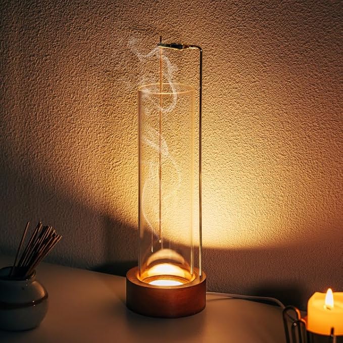 Incense Holder for Sticks, USB Powered Luminous Base, Anti-Ash Flying Incense Burner with 30 Incense Sticks, Detachable Glass Ash Catcher