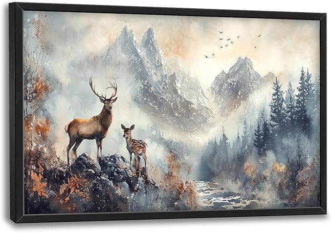 Deer Wall Art Large Landscape Nature Mountain Pictures Wall Decor Above Over Bed Canvas Prints Big Painting Framed Artwork Decoration for Bedroom Living Room Bathroom Office 36"x24"
