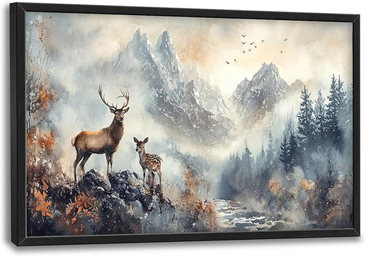 Deer Wall Art Large Landscape Nature Mountain Pictures Wall Decor Above Over Bed Canvas Prints Big Painting Framed Artwork Decoration for Bedroom Living Room Bathroom Office 36"x24"
