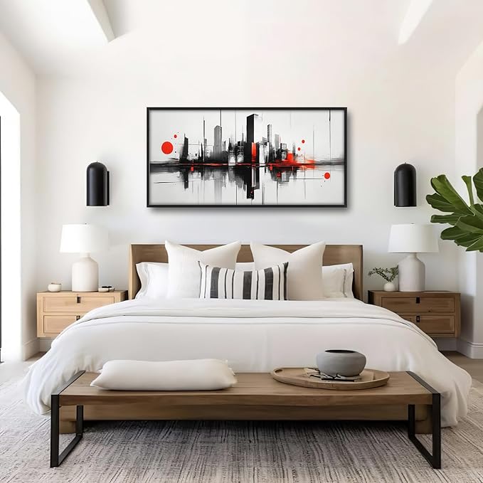 Black White Red City Wall Art City Skyline Large Pictures Wall Decor Abstract Canvas Prints Painting Framed Artwork Decoration Above Bed for Bedroom Living Room Gallery Office 60"x30"