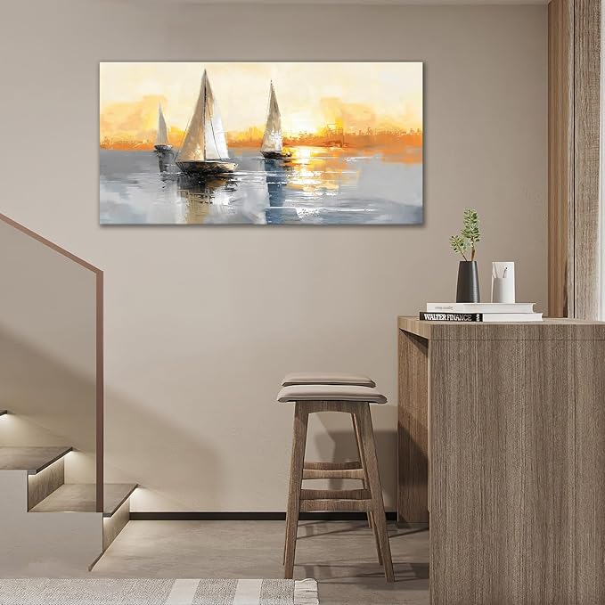 Large Sailboat Wall Art Nautical Boat Pictures Wall Decor Abstract Coastal Canvas Prints Painting Modern Framed Artwork for Bedroom Living Room Dining Room Bathroom Office 60"x30"