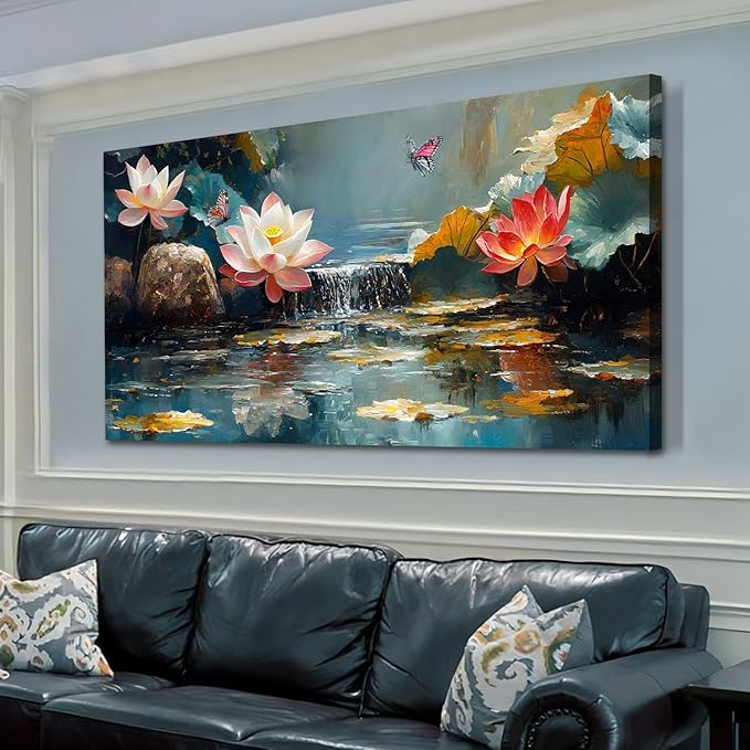 Anolyfi Lotus Canvas Wall Art for Living Room, Zen Yoga Decor Pink Large Picture Landscape Bedroom Painting Textured Artwork Framed for Spa Bathroom Hallway Kitchen Room Office Home Decor 40"x20"