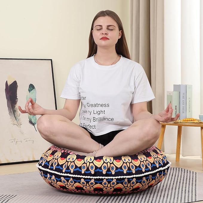 32 inches Meditation Floor Cushion for Adults, 2 Pack Round Large Thick Floor Pillow, Memory Foam Filling, Blue