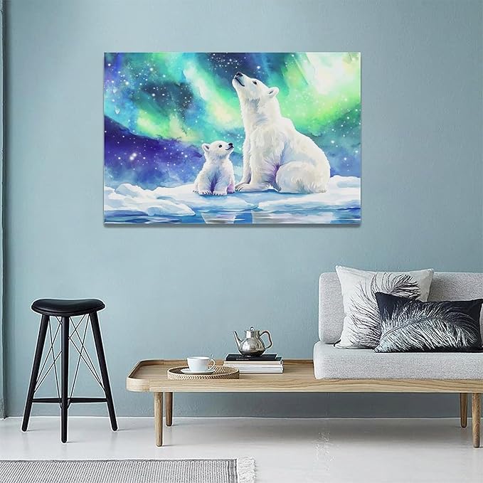 Olivine Polar Bear Wall Art, Northern Lights Pictures Wall Decor,Watercolor Polar Landscape Canvas Prints Paintings, Framed Artwork for Bathroom Bedroom Living Room Office Home Decoration 24"x16"