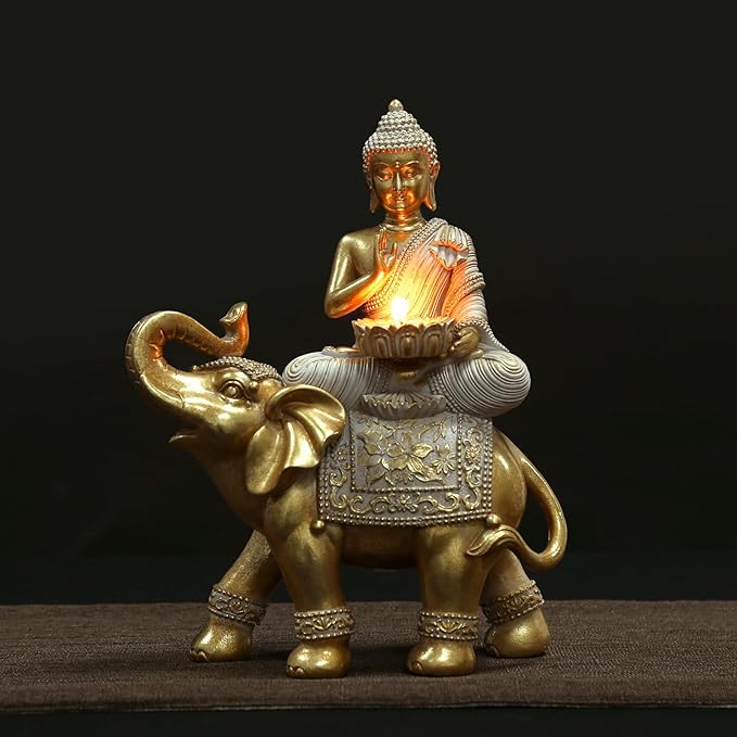 Buddha Statue for Home Decor Gold Candle Holder 11.5”-Elephant Buddha Statues for Zen Decor - Spiritual Buddha Decor for Living Room-Buda–Budda–Buddha Gift for Relaxation, Meditation or Shrine