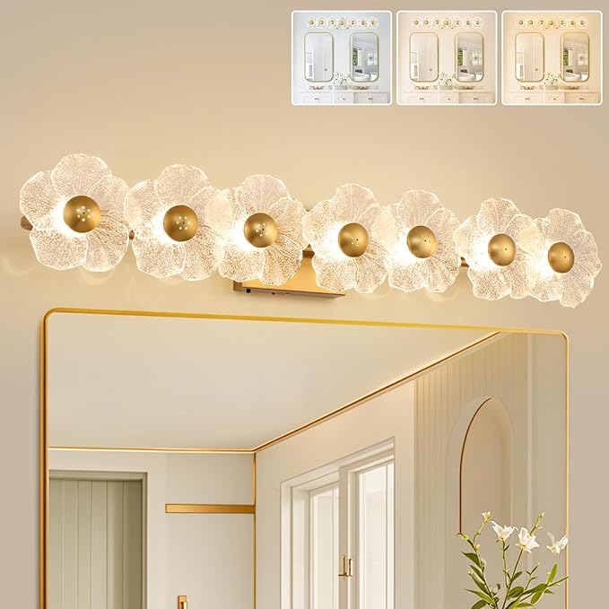 MantoLite Bathroom Light Fixtures Modern Vanity Over Mirror Adjustable 3000K-6000K Picture Lights Art Light with Floral Clear Glass Shades for Living Room Bedroom Wall Sconces (7 Gold)