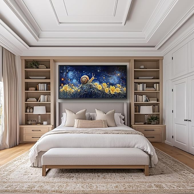 SweetFox Extra Large Snail Sunflower Framed Wall Art for Living Room, Snail Starry Night Sky Pictures Oversized Wall Decor Abstract Big Canvas Painting Print Artwork for Bathroom Bedroom 60L X 30W