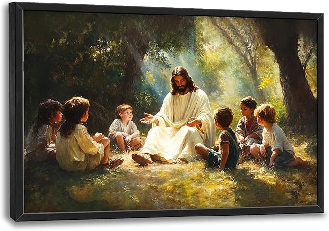 SweetFox Large Christian Jesus Framed Wall Art for Living Room, Jesus with Children Religious Pictures Oversized Wall Decor Abstract Canvas Painting Print Artworks for Bathroom Bedroom 36L X 24W
