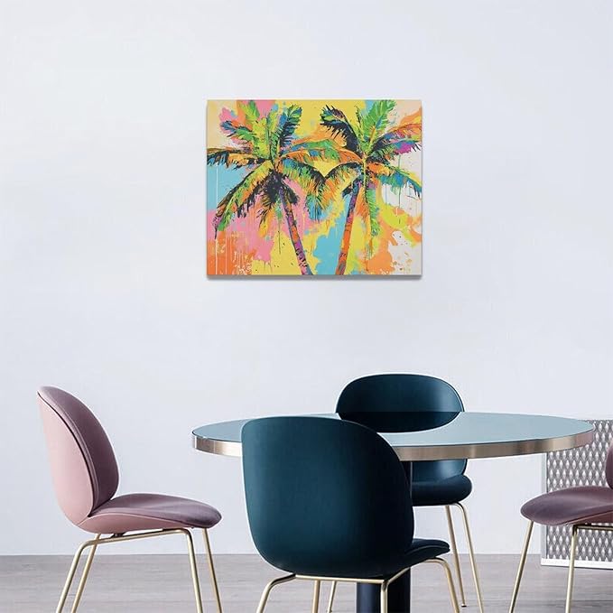 Olivine Tropical Wall Art, Palm Tree Pictures Wall Decor, Graffiti Painting, Colorful Summer Canvas Prints, Framed Artwork for Bathroom Living Room Bedroom Office Home Decoration 20"x16"