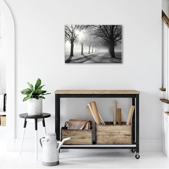Olivine Tree Wall Art, Black And White Pictures Wall Decor, Mist Forest Painting Nature Lanscape Canvas Prints, Framed Artwork for Bathroom Bedroom Living Room Kitchen Office Home Decoration 24"x16"