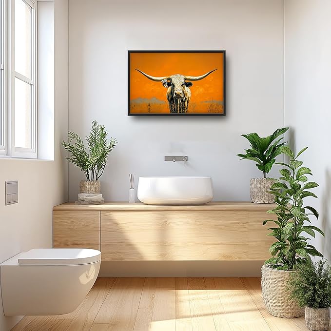 SweetFox Extra Large Western Longhorn Steer Framed Wall Art for Living Room, Farmhouse Cow Pictures Oversized Wall Decor Abstract Canvas Painting Print Artworks for Bathroom Master Bedroom 36L X 24W
