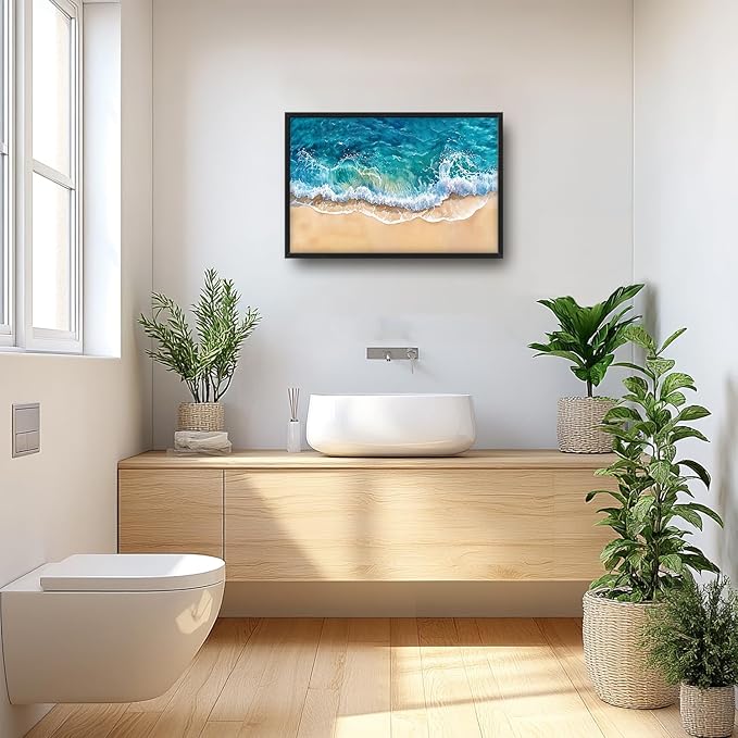 SweetFox Extra Large Watercolor Ocean Wave Framed Wall Art for Living Room, Coastal Beach Ocean Pictures Oversized Wall Decor Abstract Canvas Painting Print Artworks for Bathroom Bedroom 36L X 24W