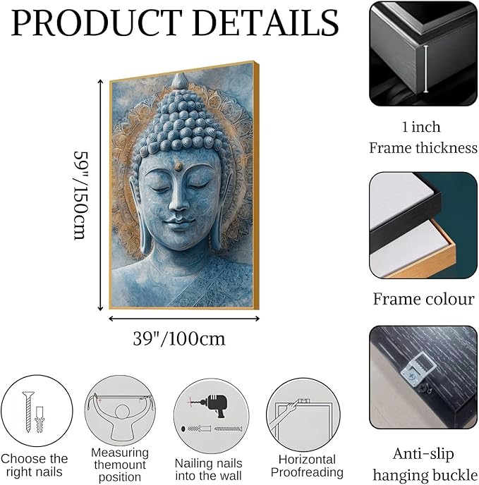 Blue Buddha Painting Wall Art, Buddha Head Painting, Mandala Wall Art, Zen Canvas Wall Art, Meditation Wall Decor, Religious Pictures Wall Decor, Yoga Room Wall Decor (Black Framed, 20"Wx30"H/51x76cm)