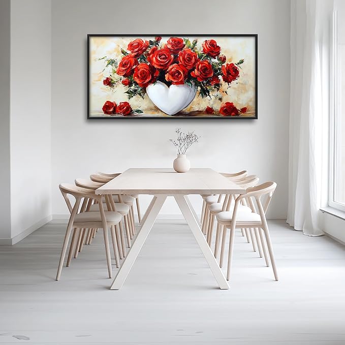 Rose Wall Art Red Flower Pictures Wall Decor Romantic Roses Large Master Over Above Bed Canvas Red Roses Prints Horizontal Modern Artwork Painting Home Office Decorations For Kitchen Bedroom 30"x60"