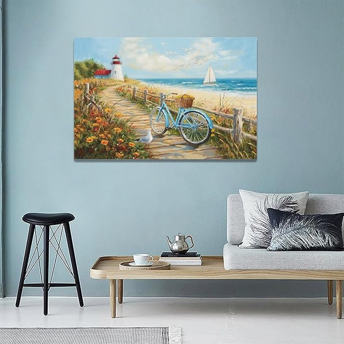 Olivine Coastal Wall Art, Beach Bicycle Pictures Wall Decor, Lighthouse Painting, Ocean Seascape Canvas Prints, Framed Artwork for Living Room Bedroom Bathroom Kitchen Office Home Decoration 24"x16"