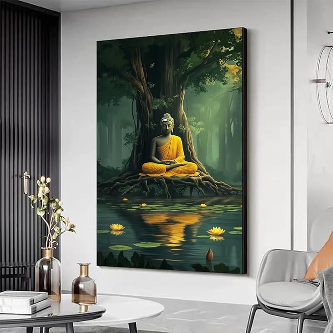 Buddha Canvas Wall Art, Buddha in the Green Jungle Painting Print Poster, Zen Statue Art Pictures Artwork, Meditation Buddhism Wall Decor for Yoga Room, Living Room (Gold Framed, 39x59in|100x150cm)