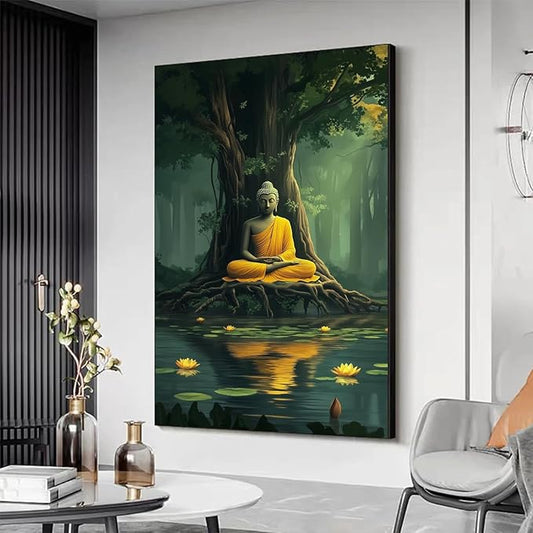 Buddha Canvas Wall Art, Buddha in the Green Jungle Painting Print Poster, Zen Statue Art Pictures Artwork, Meditation Buddhism Wall Decor for Yoga Room, Living Room (Black Framed, 32x48in|82x122cm)