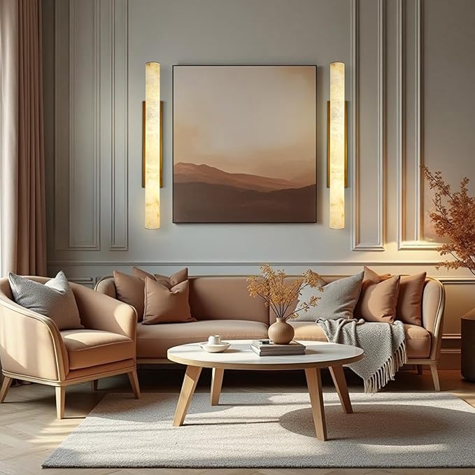 Brass Alabaster Wall Sconces, Spanish Natural Marble Wall Sconce, 36" Long Stone Wall Sconce Dimmable, Gold Alabaster Sconces Wall Lighting Indoor, Marble Wall Light for Bathroom, Living Room,Entryway