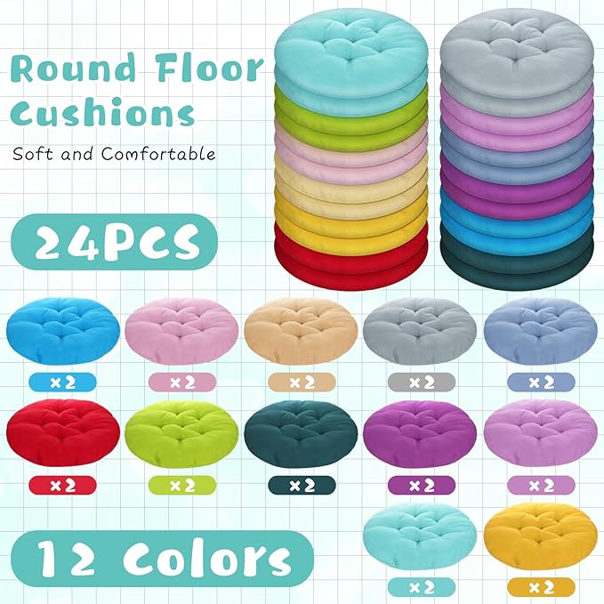 24 Pcs Round Floor Cushions Floor Pillows Meditation Seat Pillows Flexible Seating for Adults Kids, Chair Cushions for Classroom, Nursery, Living Room, Yoga(Medium 15.7 Inch,Multi Color)