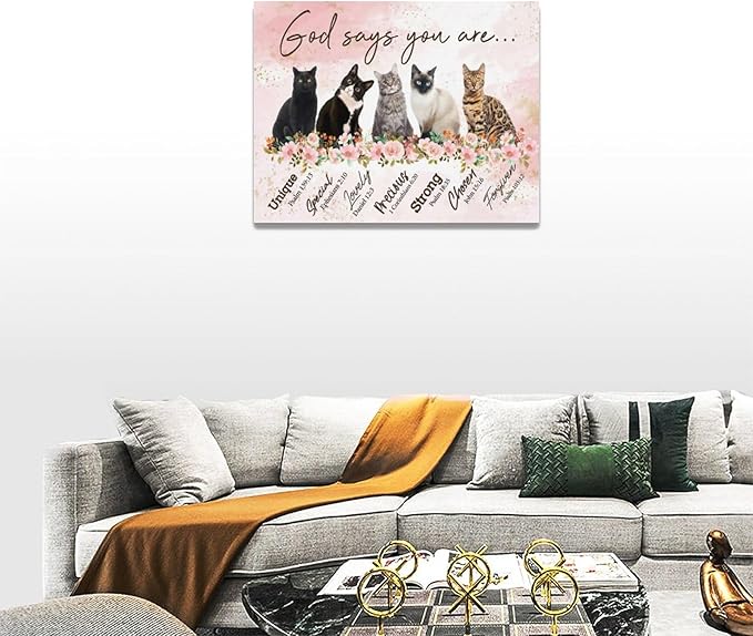 God says you are decor wall art cat canvas Pictures Christian Wall Decor flower Canvas for Girl’s Room Prints Painting Framed Artwork for Bathroom living room Bedroom 16"x12"