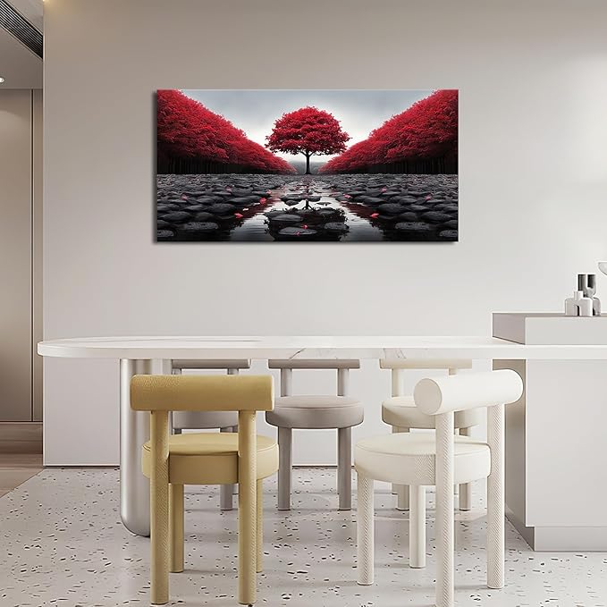 Red Tree Wall Art Tree of Life Large Zen Pictures Wall Decor Black and White Stone Canvas Prints Modern Framed Artwork for Living Room Bathroom Bedroom Office Spa Yoga 60"x30"