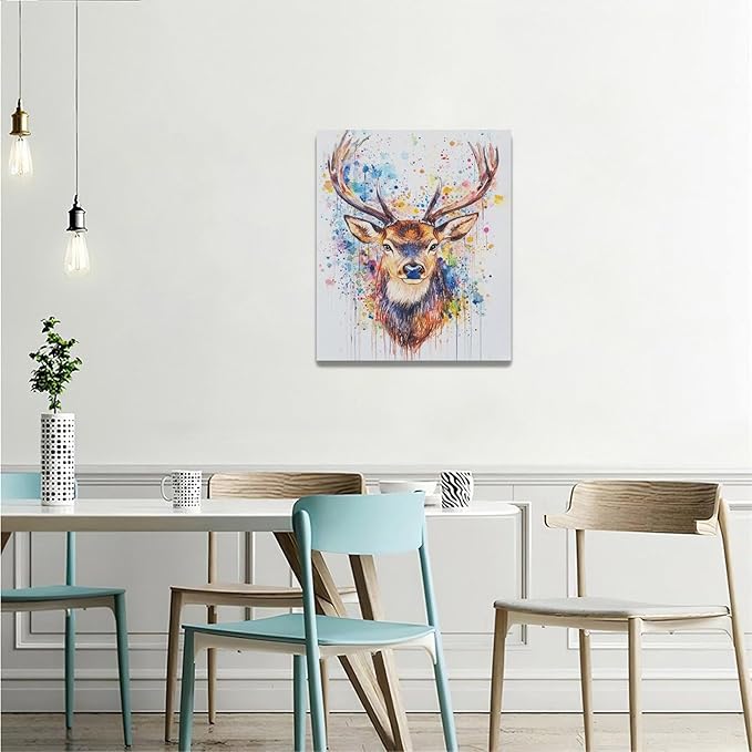 Fleruku Watercolor Deer Wall Art Colorful Elk Wall Decor Antlers Pictures Animal Canvas Painting Artwork Home Decorations for Living Room Bedroom Bathroom Office Nursery Classroom 20"x24"