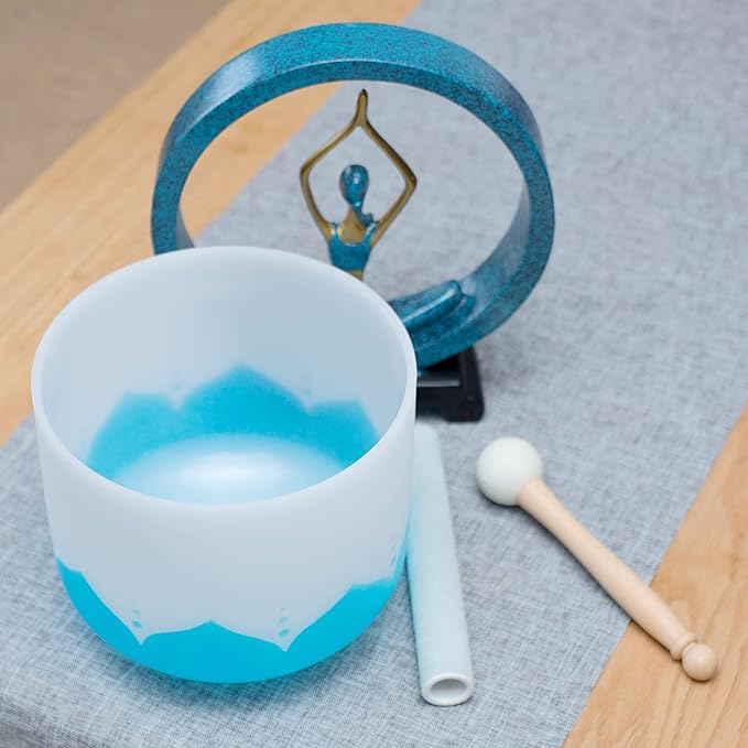 Leize Crystal Singing Bowl 432hz G Note Throat Chakra Blue Lotus Design 8" Wide with Suede Striker