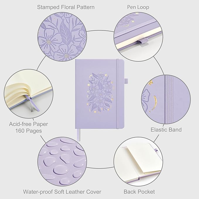 &And Per Se Dotted Journal Notebook for Women&Men with Pattern, A5 Leather Hardcover, 160 Pages 100GSM Thick Dotted Paper, 3 Sheets of Stickers Included(Lavender)